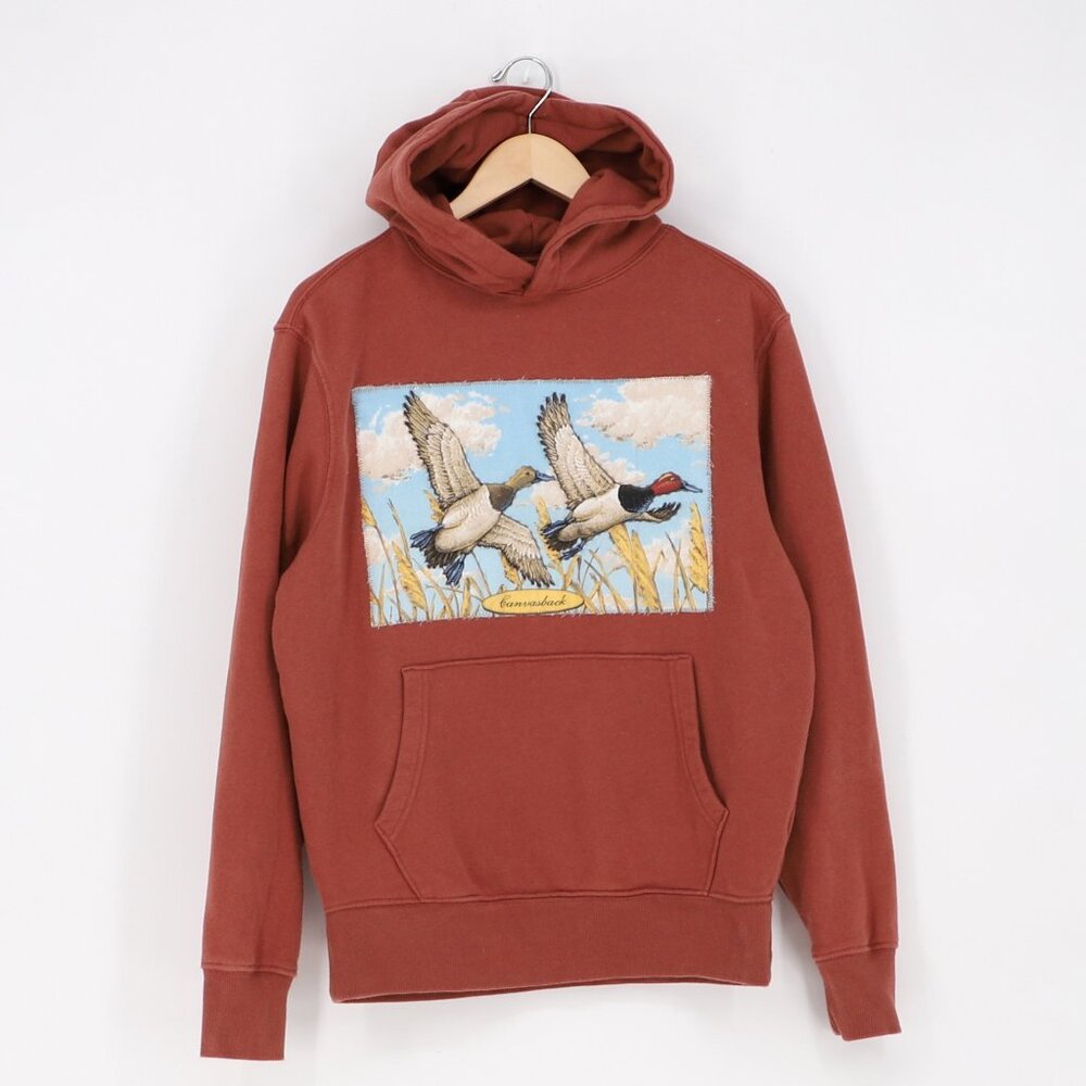 Upcycled Reworked Quilted Patch Bird Canvasback Brown Sweatshirt Hoodie